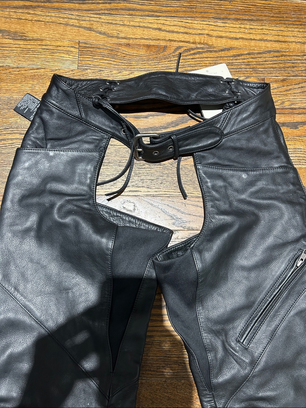 Harley Black Leather Motorcycle Chaps with Waist Belt - Picture 2 of 15